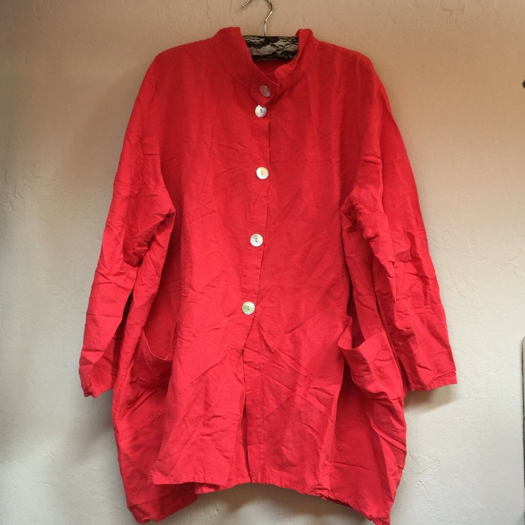 Christopher Calvin Womens Jacket Lagenlook Button Front Pockets Red Linen Blend